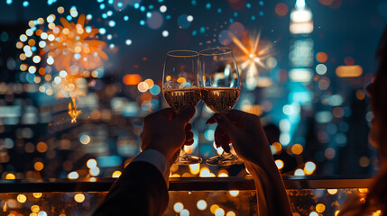 Close up of couple clinking wine glasses toasting with city fireworks at night