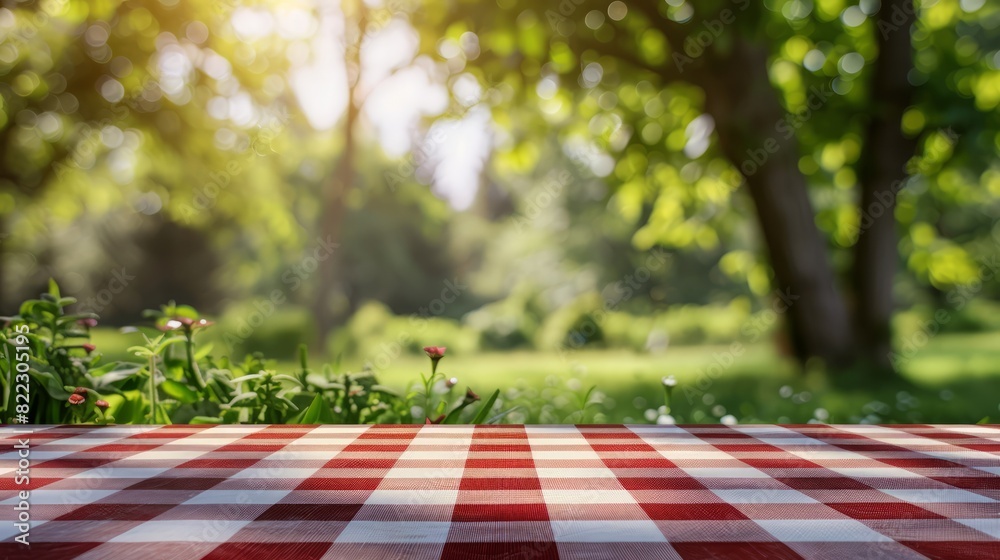 Poster a checkered tablecloth with a red and white pattern sits in a lush green park
