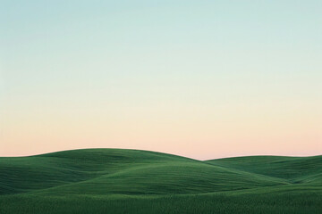 A minimalist landscape of rolling hills at dusk, soft earth tones, clear sky above for text placement.