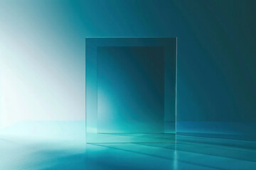 A smooth gradient background transitioning from teal to deep blue, with a frosted glass square for text.