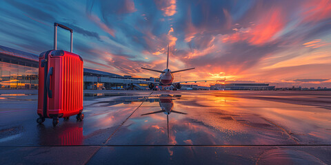 A vibrant airport scene at sunset