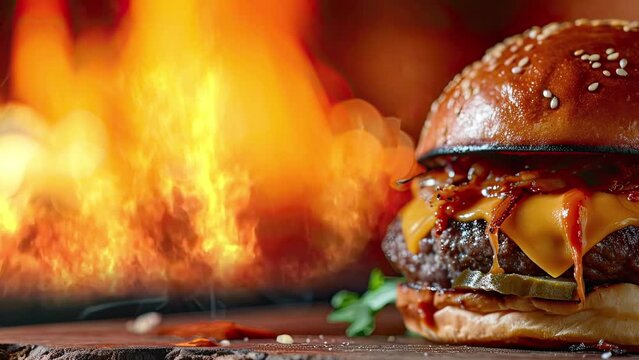 colorful, tasty meat burger with fire in background, fast food concept