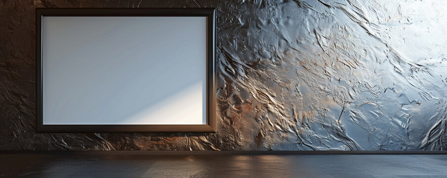 An upscale architectural studio with one empty white frame with dark borders, spotlighted against a wall with a textured titanium finish. 