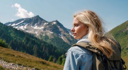 Obraz premium Beautiful attractive blonde woman model with backpack hiking in mountains with blue sky mountain background