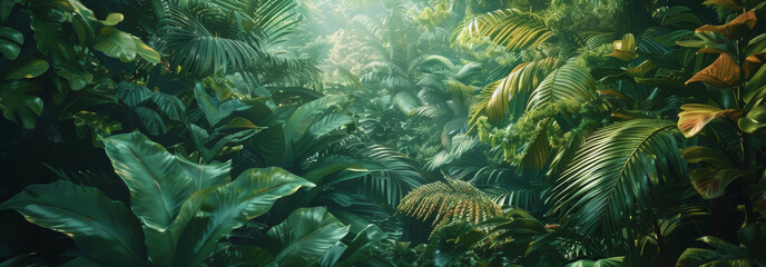 Wide-angle view of a lush rainforest canopy, intricate details of leaves and wildlife, rich greens and browns, watercolor-like texture, portraying the depth and expanse of nature