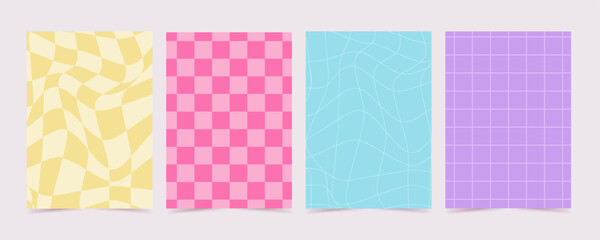 y2k retro background set. Colourful geometric wavy swirl chess, trendy trippy style, vector illustration