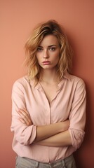 Peach background sad european white Woman realistic person portrait of young beautiful bad mood expression Woman Isolated on Background depression anxiety 