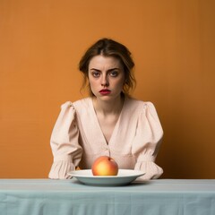 Peach background sad european white Woman realistic person portrait of young beautiful bad mood expression Woman Isolated on Background depression anxiety 