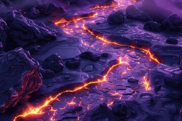 Fototapeta premium Volcanic Landscape with hardened lava trails flat design top view geological wonder theme animation Splitcomplementary color scheme