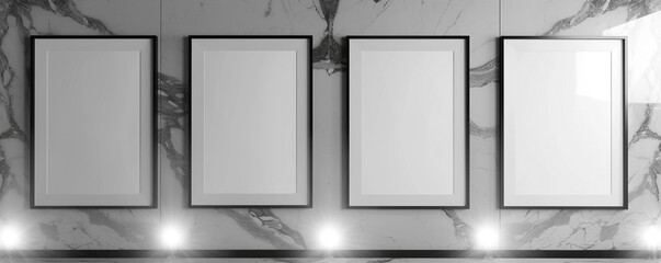 Four empty white frames with dark borders in a sleek, modern architectural design studio, each positioned and centrally spotlighted against a wall