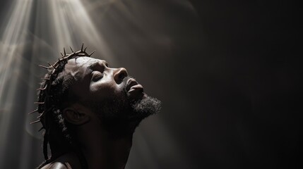 Black Jesus Wearing Crown of Thorns Side Profile in Smoke - Serene and Contemplative Spiritual Portrait