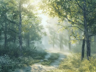 Wide-angle view of a serene forest at dawn, soft pastel colors, photorealistic, sunlight filtering through the trees creating long shadows, a gentle mist hovering above the ground
