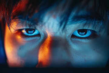 Naklejka premium Intense Gamer Eyes Reflecting Screen Light During Critical Game Moment - Perfect for Gaming Blogs, Magazine Covers, Posters