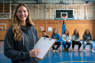 A smiling female sports coach in her thirties stands holding an over the shoulder clipboard next to sitting middle school students