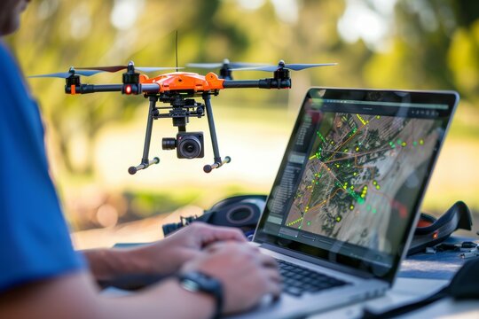 Close-Up of Drone Programming for Environmental Monitoring with Mapping Software on Laptop