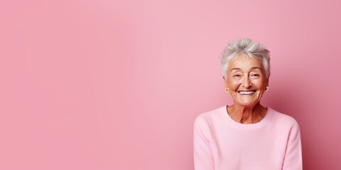 Pink background Happy european white Woman grandmother realistic person portrait of young beautiful Smiling Woman Isolated on Background Banner 