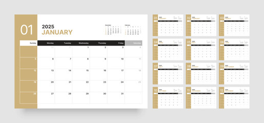 Monthly calendar template for 2025 year. Wall or desk calendar in a minimalist style. Diary planner for 2025 year. Week Starts on Sunday. 