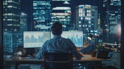 Business Analyst Reviewing Data on Dual Monitors in Modern Office with City Skyline View