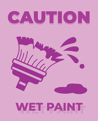 Caution wet paint with paint brush icon illustration poster banner sign isolated on vertical purple background. Simple flat cartoon styled drawing for poster prints.