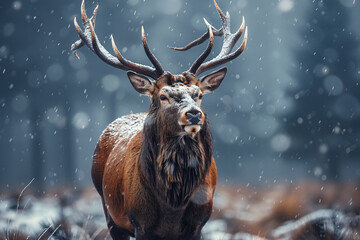 A wildlife high quality photo professional photographer of moose deer standing  during winter snowing  background, wallpaper