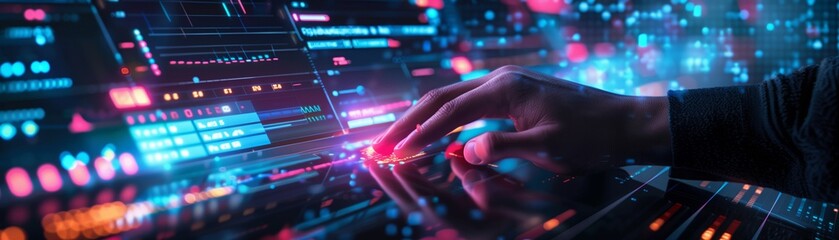 Close-up of a hand interacting with a futuristic touchscreen interface, displaying vibrant data visualizations and analytics.
