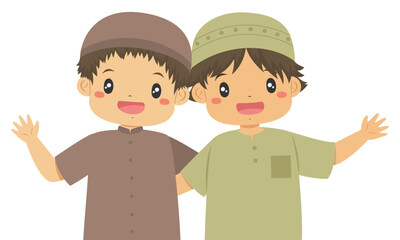 Happy Muslim boy with friend smiling and waving their hand, kids character cartoon vector.