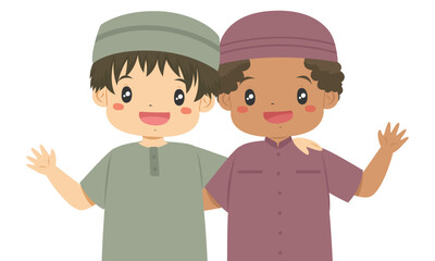 Happy Muslim boy with friend smiling and waving their hand, kids character cartoon vector.