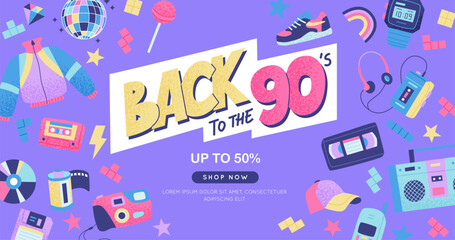 90s banner. Bright multicolour hand drawn lettering and elements. Vector illustration in trendy flat style