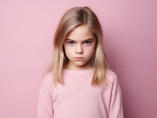 Pink background sad European white child realistic person portrait of young beautiful bad mood expression child Isolated on Background depression anxiety