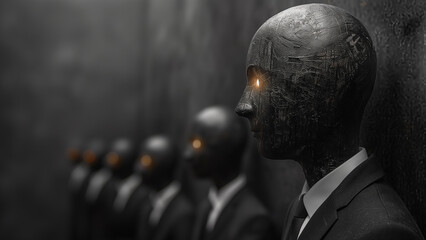 A row of dummies in monochrome, their professional attire contrasting with the dark background, represents the clandestine nature of the black market.