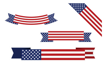 set of Red white blue american flag ribbon USA banner