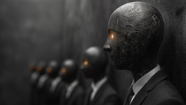 A row of dummies in monochrome, their professional attire contrasting with the dark background, represents the clandestine nature of the black market.