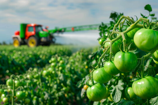 Tractor Spreading Pesticide On A Field Of Green Tomatoes. Ai Generated
