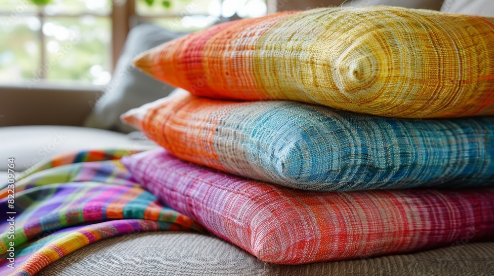 Poster a stack of colorful pillows on a couch