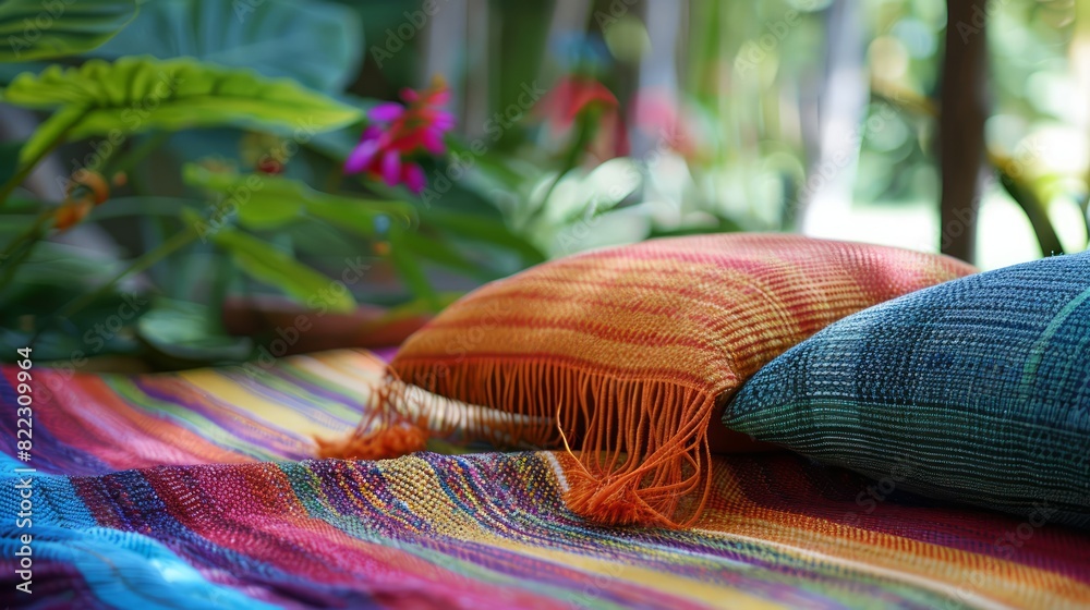 Aufkleber a colorful blanket with a fringe is laid out on a table