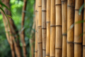 Fototapeta premium Close-up of a bamboo fence with green trees in the background, creating a peaceful and natural setting.