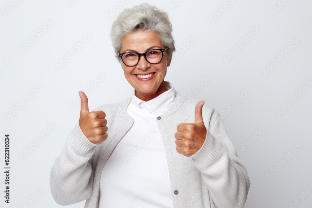 Poster Portrait of a happy woman in her 50s showing a thumb up on plain white digital canvas - Posters