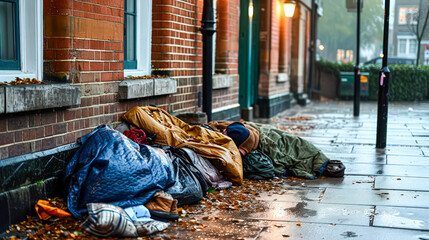 A photo of a homeless man sleeping on the street, depicting the harsh reality of homelessness and the need for compassion and support.