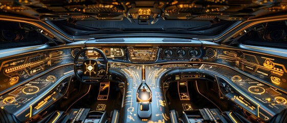 Futuristic spaceship cockpit with illuminated control panels, advanced technology, sleek design. Perfect for sci-fi themes and space exploration.