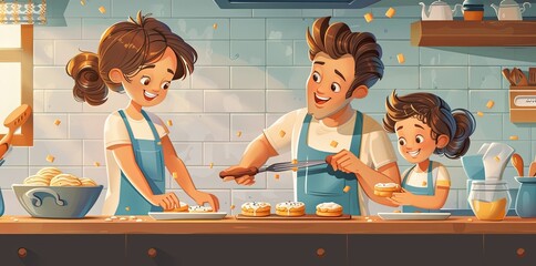 Father's Day Baking Fun - Happy Dad and Kids Making Cookies in Cozy Kitchen Vector Poster Design