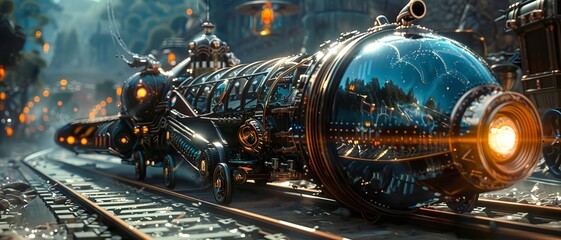 Futuristic steam locomotive with intricate design details and glowing lights, set on a railway track amidst a mystical, industrial landscape.