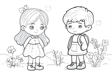  Coloring Pages with cute girls and boys Characters, Coloring book, happy children set.
