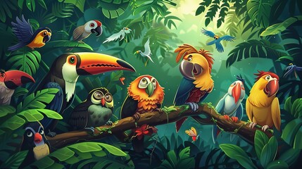 A group of animals from the jungle in the style of cartoon UHD wallpaper