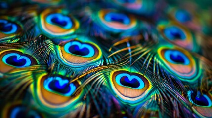 Closeup of peacock feathers, with vibrant colors and intricate patterns.