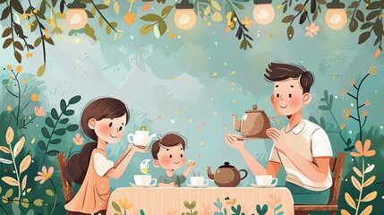 Whimsical Father's Day Tea Party - Vector Illustration of Father and Children Enjoying a Charming Afternoon Together