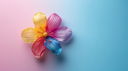 Minimal modern image of a rainbow flower brooch on a pastel background, harmonious colors, clean lines, simple design