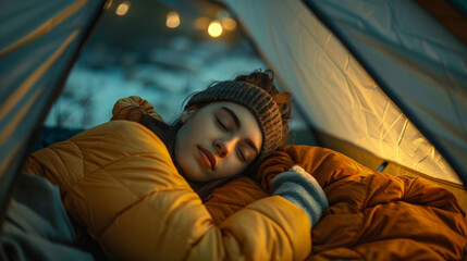 Young woman sleeping inside a camping tent on nature. Concept of outdoor holiday, mountaineering, tourist recreation and sport. Generative ai