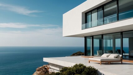 Fototapeta premium modern minimalist white villa beside the cliff with beautiful sea view