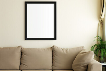 A white frame with a blank canvas against a light wall and on a wooden tabletop with vase. Layout for paintings for sale on marketplaces. Copy space.