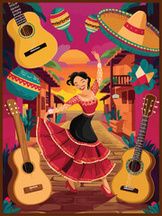 A vibrant depiction of Hispanic culture with musical instruments and a joyful flamenco dancer